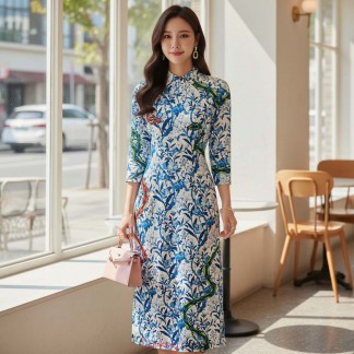 Áo dài Hà Nội xưa in rắn vải gấm nền trắng